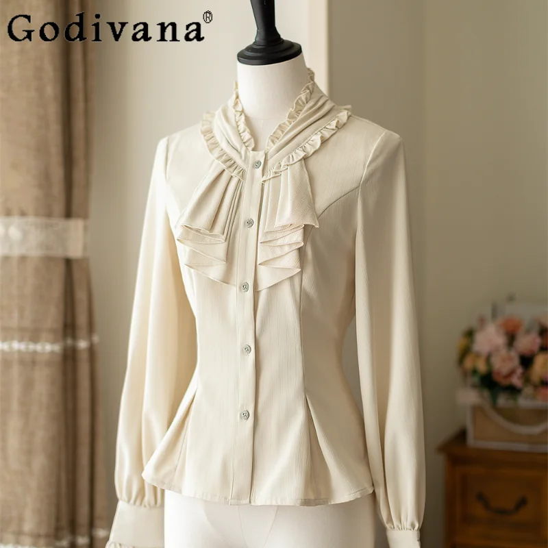 Japanese Lolita Shirt Girl Retro High Street Elegant Blouse Autumn New Fashion High Waist Slim-Fit Halter Dress Women Clothing