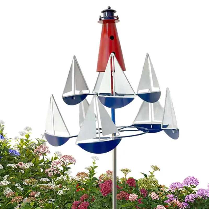 

Summer Lighthouse Sailing Windmills Kinetic Art Wind Sculpture Metal Decor For Yard Garden Outdoor Metal Wind Spinner For Lawn