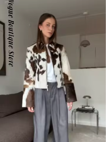 Elegant Print Short Jacket Women Retro Lapel Zippers Long Flare Sleeve Female Outwear 2025 Autumn Fashion Lady Streetwear