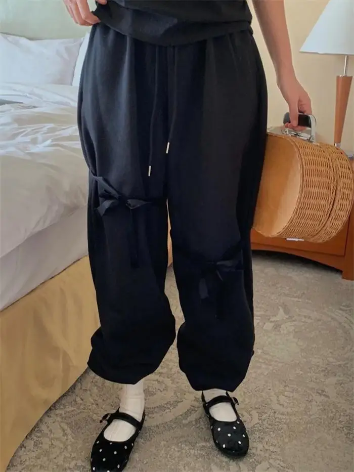 Doux fille velours noeud taille pantalons de sport longue droite taille haute pantalon décontracté trajet Sle femmes Faion