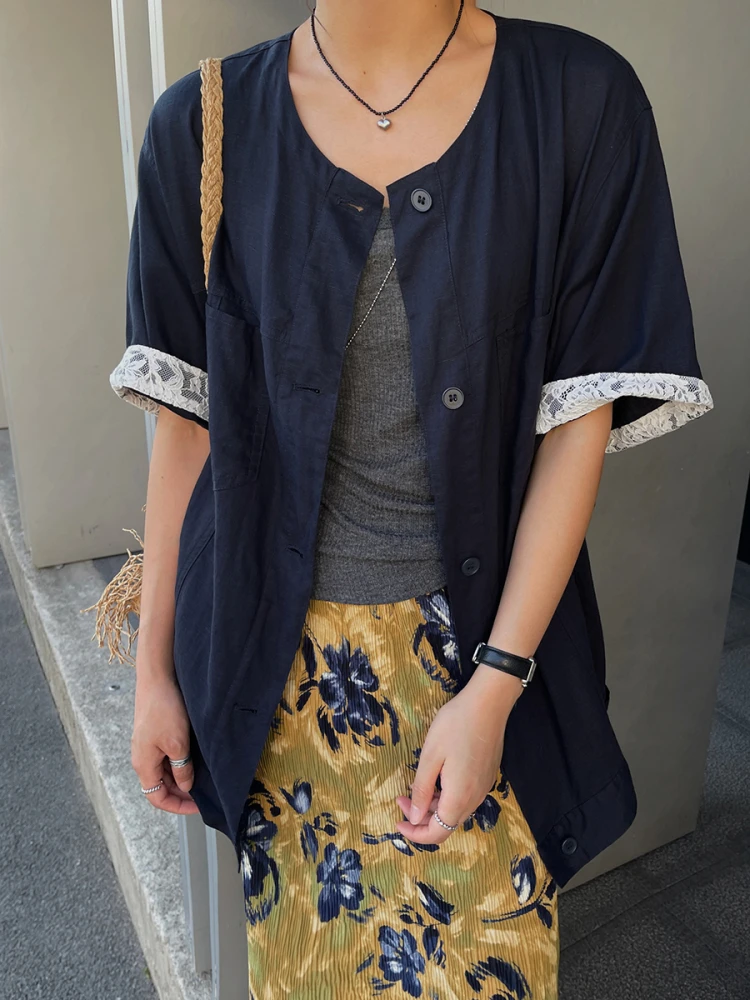 

Retro ort Sve irt Women Summer 2025 New Design Loose f Sve Casual Ele Top Commute Sle round Ne Button Cl...