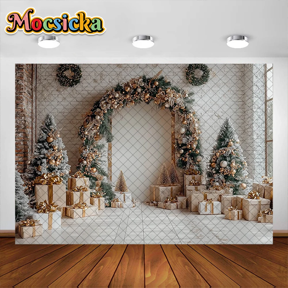 Christmas Photography Background Arched Garland Golden Xmas Gift Decoration Boy Girl Portrait Photo Backdrops Studio Props