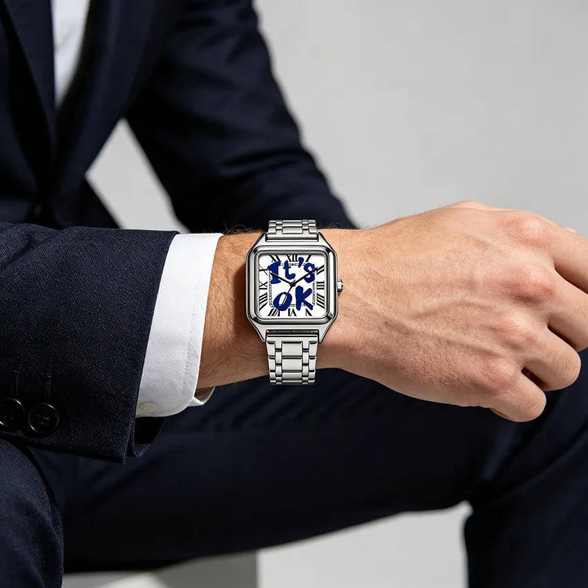 Ladies' Men Square Luxury Watch, Slogan Text on the Large Dial, 30-Meter Water Resistance, Elegant Design, Stainless Steel Strap