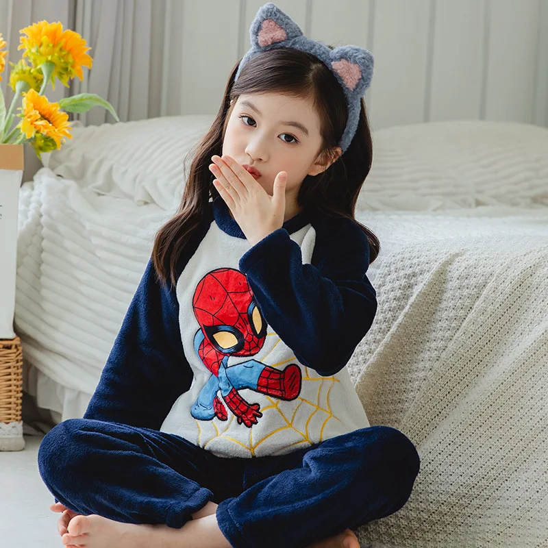 Long-sleeved Winter Pajamas Set Cartoon Boys Girl Thicken Pajamas Set Flannel Fleece Color Children\'s Pajamas