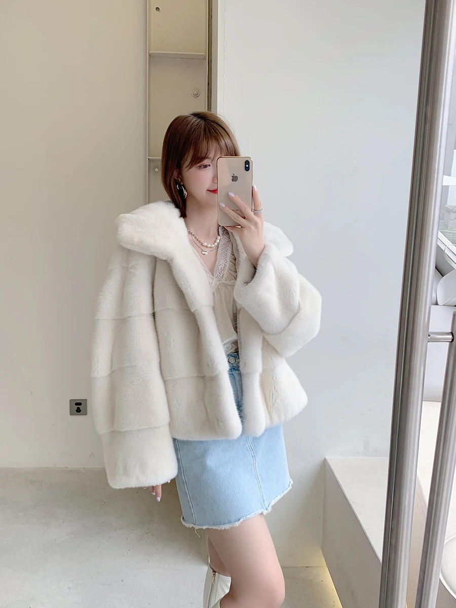 HDHOHR 2024 New Real Mink Fur Coat Women  Fashion High Grade Mink Coat Multiple Colour Real Mink fur Jackets Female With Big Hat