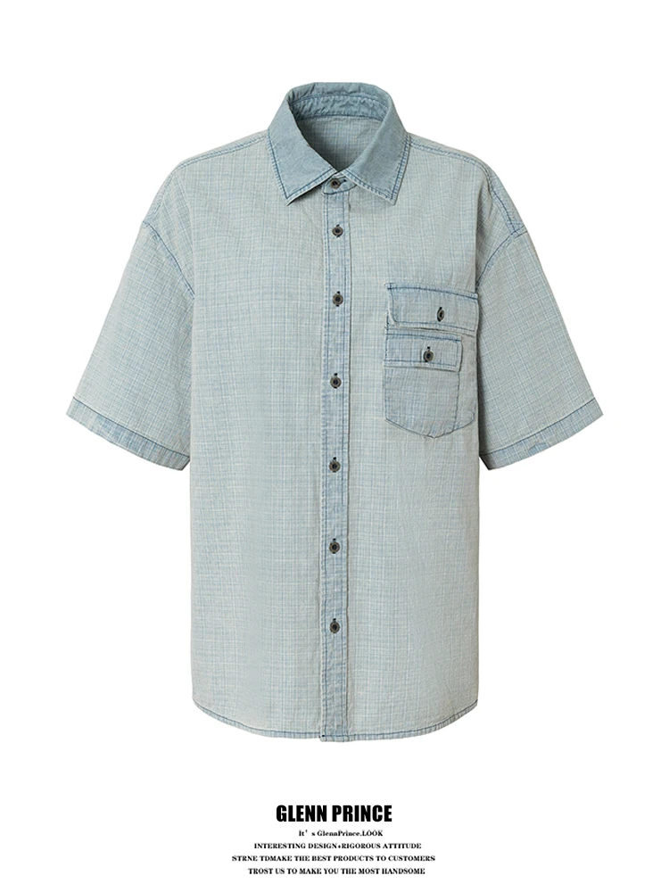 

GPstudio American Retro Double Layer 3D Washed Outdated Embroidery Trendy Workwear Denim Short Sleeve Men's Shirt Cotton Poly...