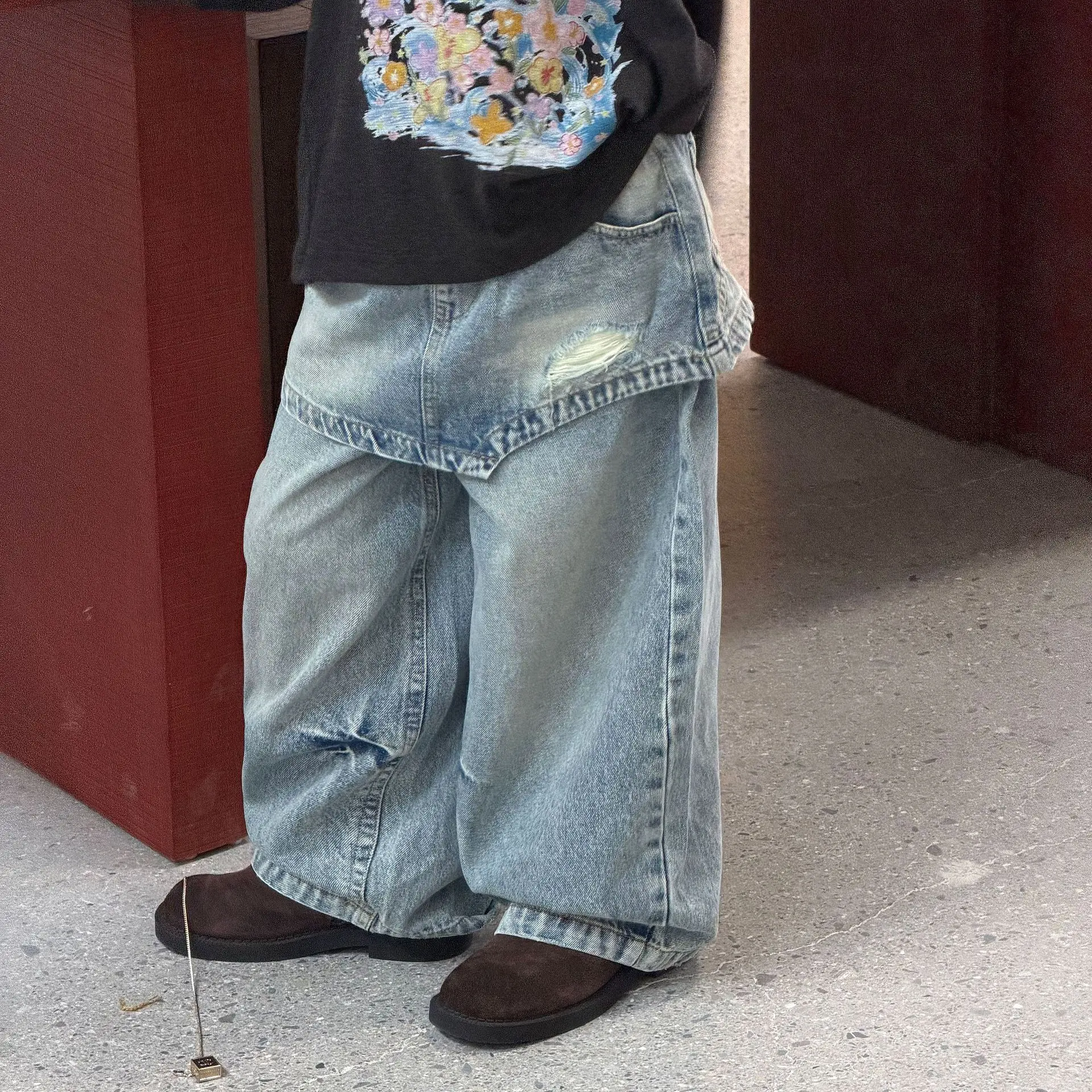 Girls' 2026 Spring/Autumn New Korean Loose Jeans Versatile Casual Pants Children's Fake Two Piece Butt Curtain Pants