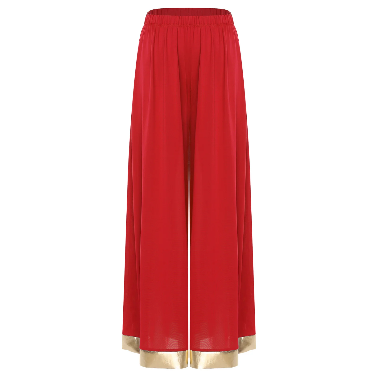Pantaloni da ballo per lode da donna, vita elastica, finiture metallizzate lucide, pantaloni a gamba larga, pantaloni larghi per celebrazioni di danza lirica