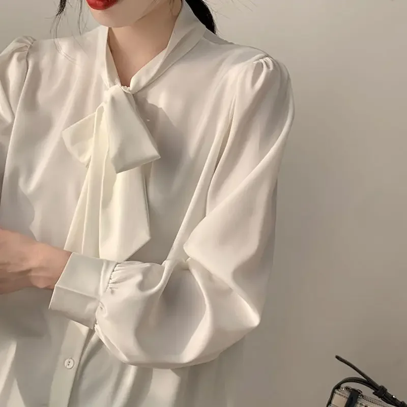 Blusa de chiffon branca com patchwork para mulheres, manga comprida, camisa solta monocromática, tops elegantes, roupas da moda, novo temperamento, primavera