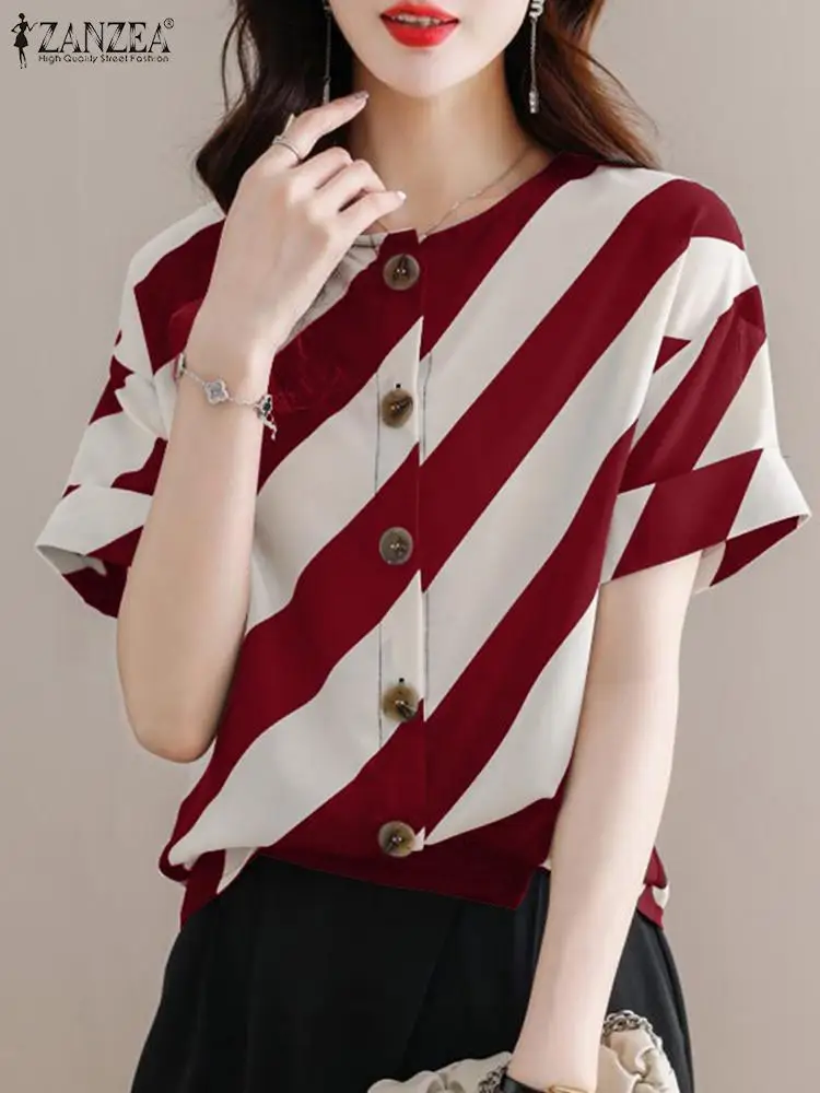 ZANZEA Fashion Women Summer OL Work Tops Elegant Striped Blouse Short Sleeve Buttons Down Shirt Casual Holiday Blusas Tunic 2024