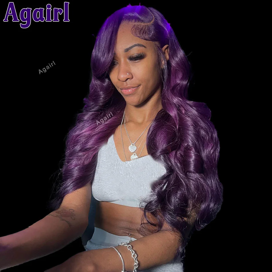 Perruque Lace Front Wig Body Wave Naturelle, Cheveux Humains, Violet Foncé, Transparent, 13x4, Densité 200, Prêt à l'emploi, pour Femme