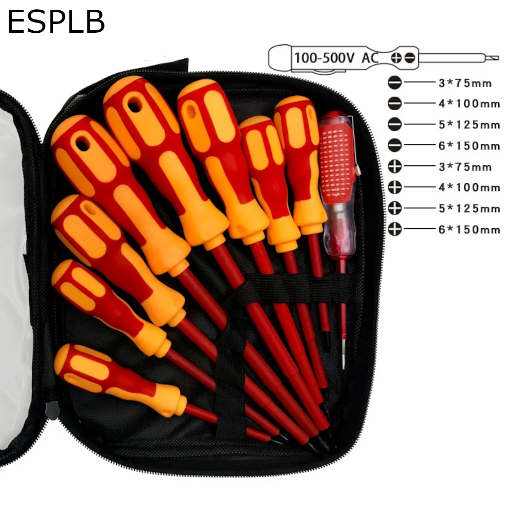 ESPLB 9pcs Insulated Screwdriver Strong Magnetic PP+TPR Handle CR-V Phillips Slotted Pozidriv Torx Screwdriver