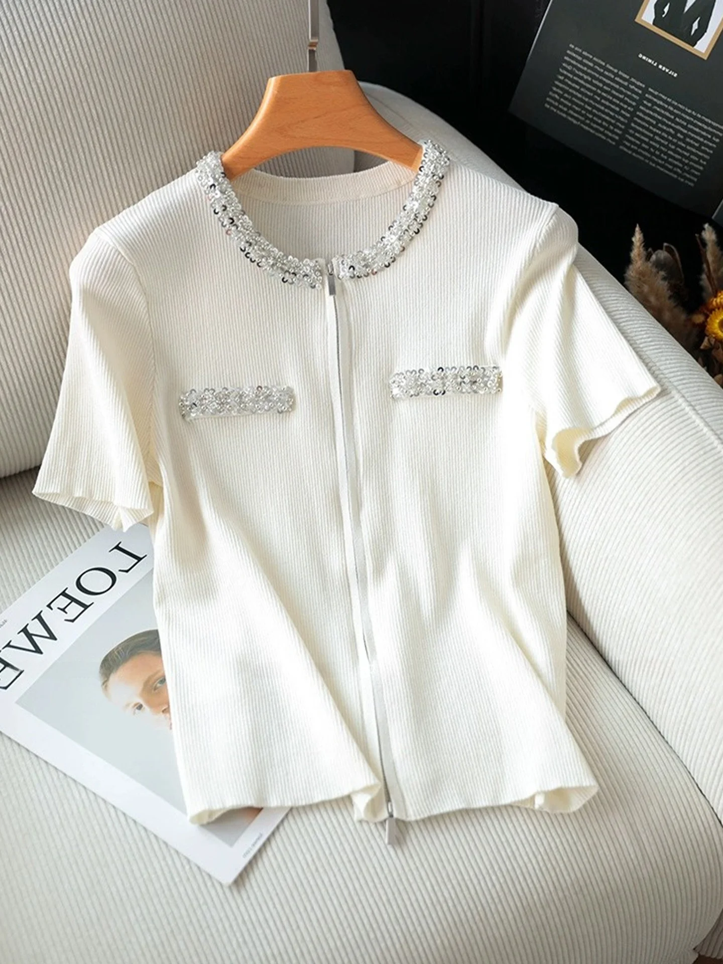 

Модный трикотаж с двойной молнией и бисером, женский летний утягивающий топ, повседневный кардиган обычного кроя ort Sve на молнии