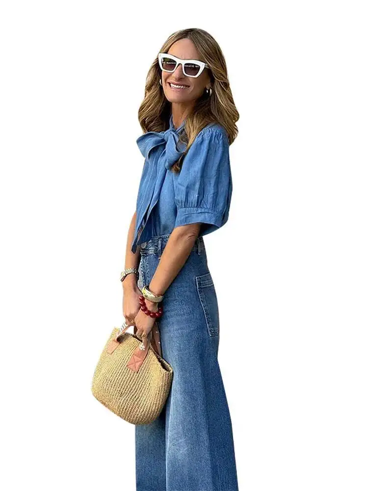 Conjuntos de camisas y pantalones vaqueros con lazo Vintage para mujer, Tops holgados con mangas con volantes, pantalones vaqueros informales para trabajo de oficina, trajes elegantes de moda