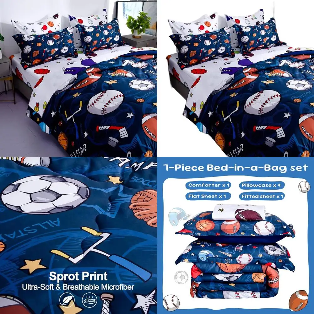 7-Piece Full-Size Sports Themed Bedding Set: Soccer, Basketball, Baseball, Football for Kids & Boys