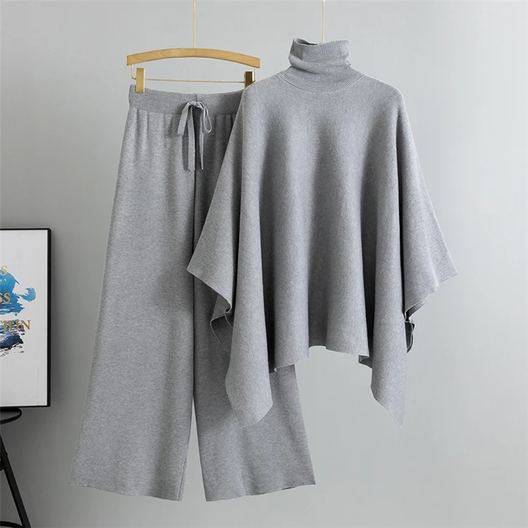 Neues Herbst/Winter Elegantes Rollkragen-Cape-Top mit Weiten Hosen Locker Sitzendes Set Modisches Strick-Zweiteiler für Damen – Detail 3