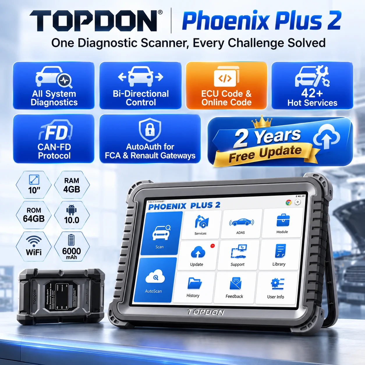 TOPDON Phoenix Plus 2 Bidirektionaler Auto-Diagnosescanner OEM Vollsystem OBD2 Scan-Tool ECU-Codierung & Online-Code CAN-FD AutoAuth für FCA SGW V.A.G Geführte Funktion 42+ Reset-Dienste 2 Jahre