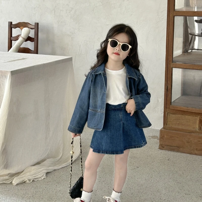 

2026 Korean Girls Denim Jacket, Spring Chic Top for Kids Versatile Skirt Casual Outfit New Arrival