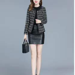 Women's Autumn and Winter New Fashion Elegant Plaid Round Neck Button Casual Versatile Long Sleeve Slim Fit Small Fragrant Coat