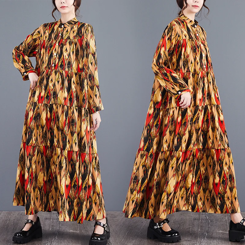 #6780 Spring Vintage Printed A-line Long Shirt Dress Women Stand Collar Buttons Office Retro Split Joint Tiered Ankle-length