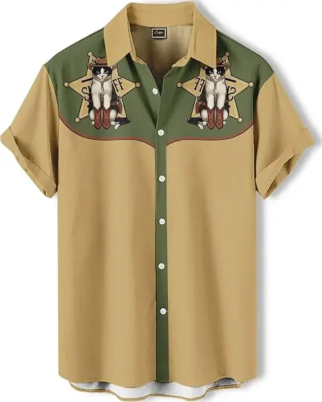 Men's Casual Hawaii Shirt Western Sheriff Star Cat Print Colorblock Lapel Short Sleeve Holiday Daily Wear Mens Clothing