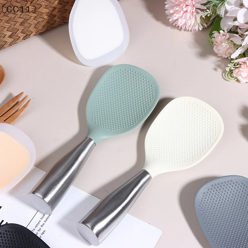 [CC11] 1個 シリコンスプーン ノンスティック調理スプーン ステンレススチールハンドル 火傷防止鍋用ライススプーン 耐久性のあるキッチンガジェット