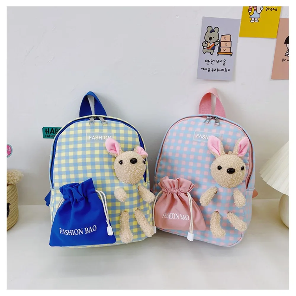 Cartable en nylon pour enfants, sac à dos lapin de dessin animé multicolore mignon, sac à dos de maternelle à carreaux, nouveau