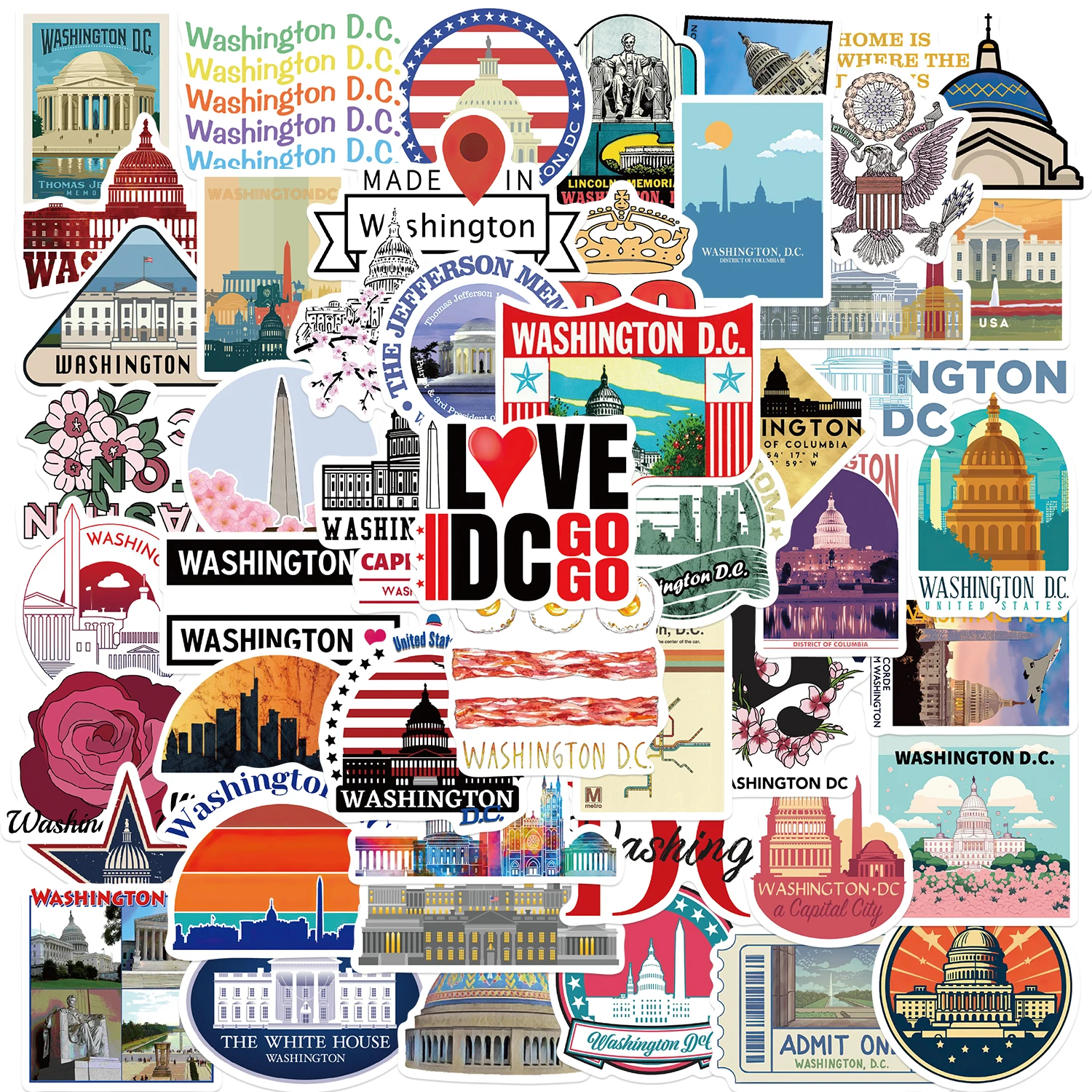 Dc-dc adesivos impermeáveis americanos, 50pcs, para diy, laptop, bagagem, skate, diário, scrapbook, garrafa de água, decalques, diy