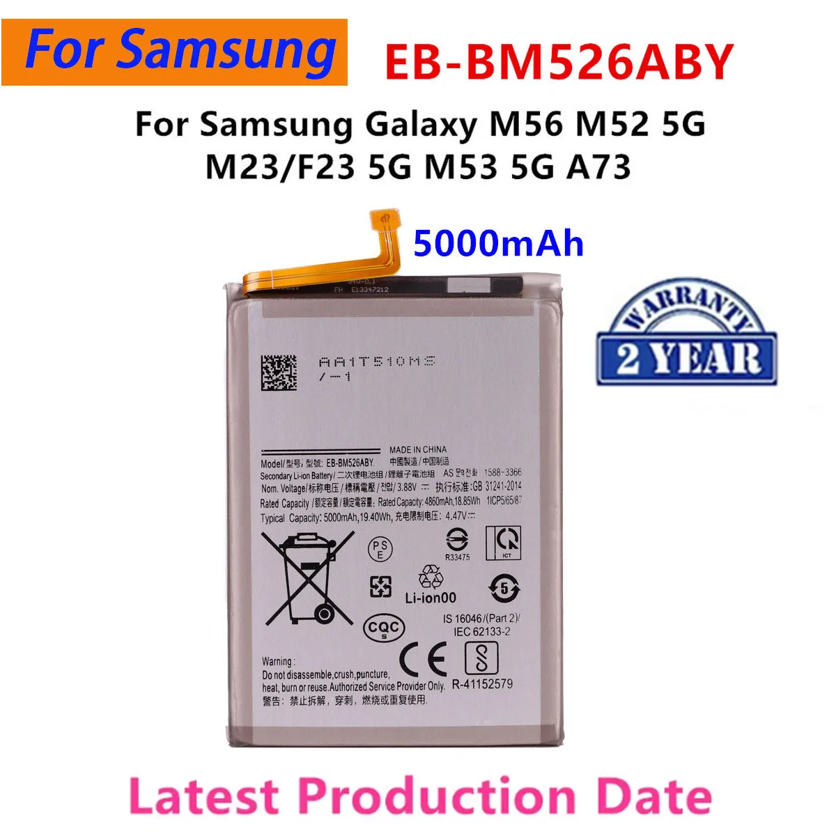 

Original Size 5000mAh Battery for Samsung Galaxy M52 M53 M23 F23 5G A73 A23 Replacement Phone Batteries EB-BM526ABY BM526ABS
