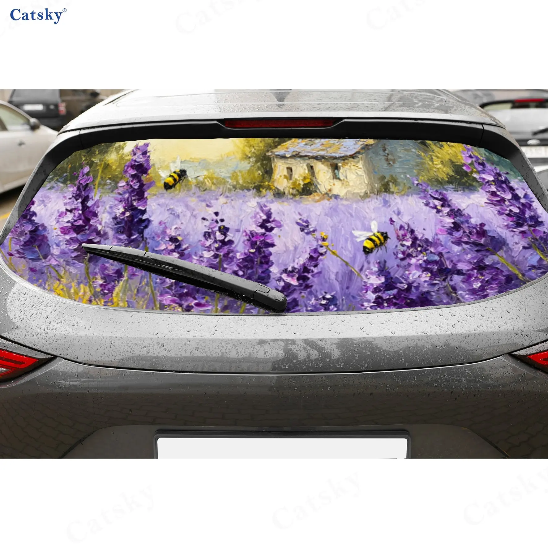 

Busy Bees Lavender Journey PVC Perforated Car Vinyl Wraps, Durable Car Rear Windshield Sticker, Waterproof Car Rear Window Decal