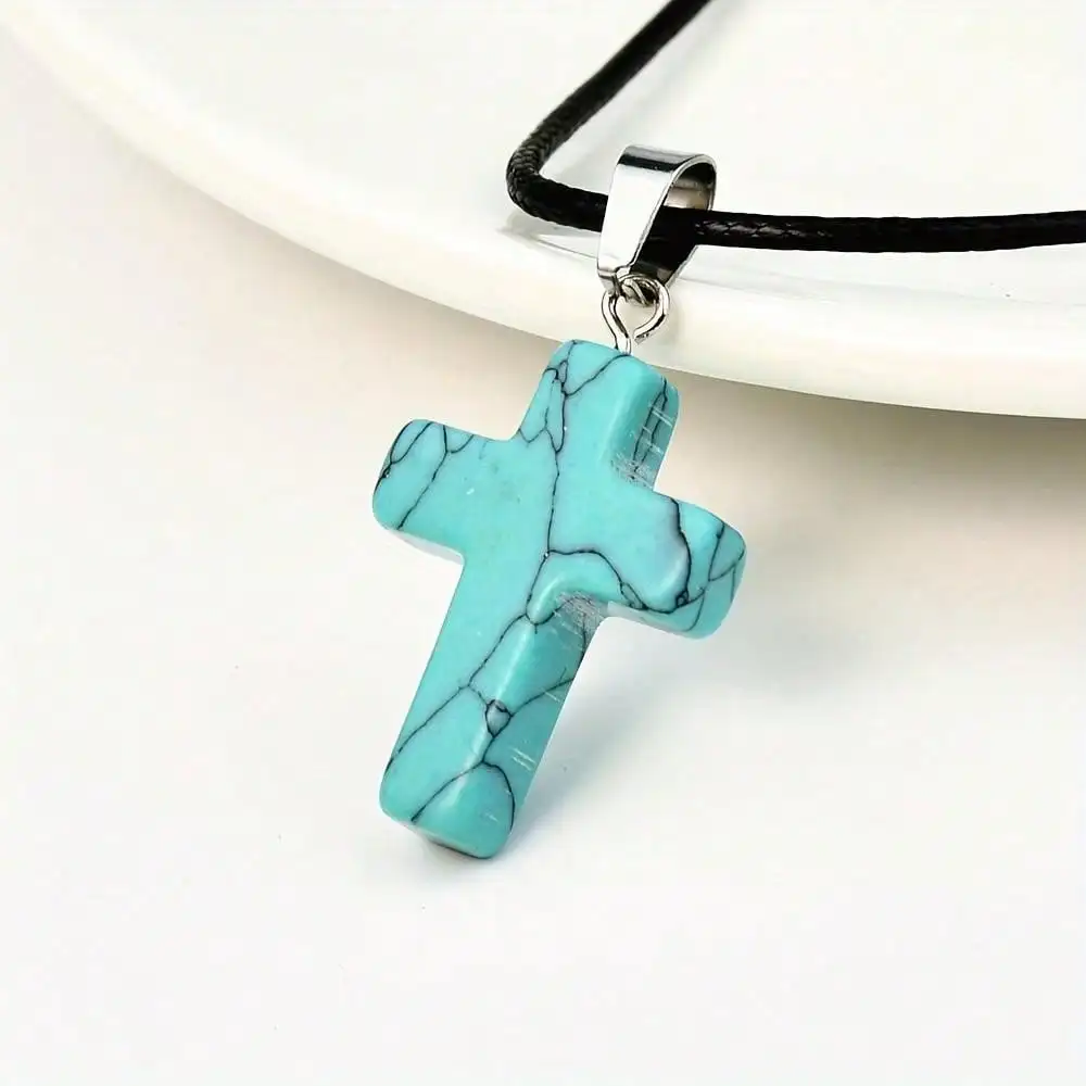 

1pc Crucifix Crystal Stone Necklace, Couple Necklace Gift, Boost Confidence Courage, Natural Stone Color Shades Randomly