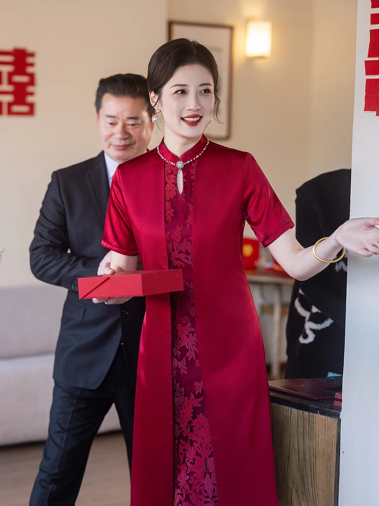 

Elegant New Chinese Style Wedding Dress Young Looking Slimming Mid-Length Polyester Fiber Short Sleeve Breathable