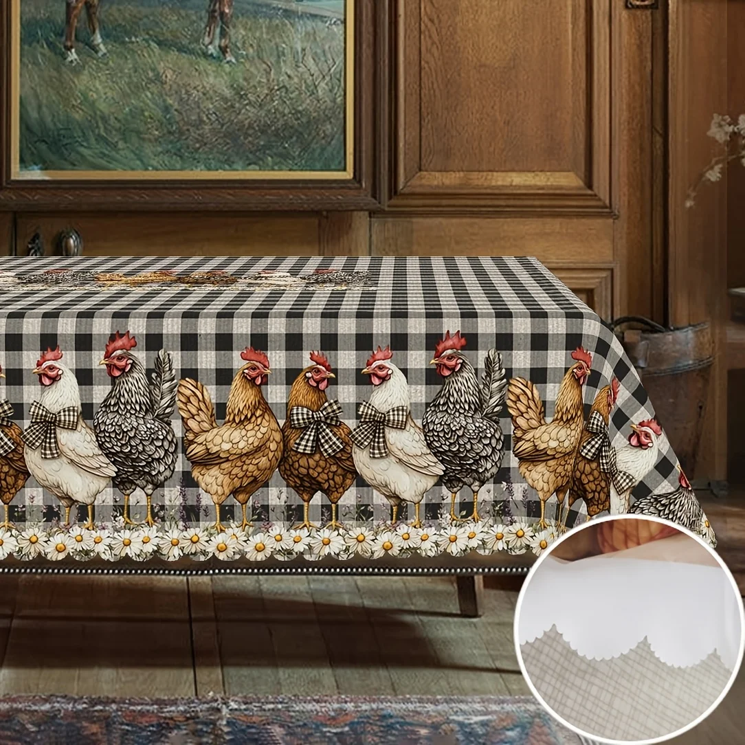 2D Flat Tablecover 1pc Vintage Country Style Rooster Check Tablecloth - Suitable for Easter, Mother's Day, Father's Day, Thanksgiving, Christmas, Rectangular and Round Tablecloth, Material, Suitable for Home and Office, Restaurant and Kitchen Use