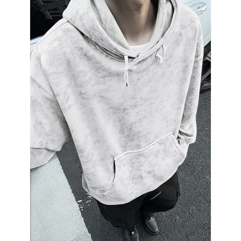 

Ретро американская винтажная толстовка с принтом тай-дай, осенняя новая свободная простая повседневная хлопковая смесь с капюшоном, однотонный пуловер с капюшоном, мужская одежда