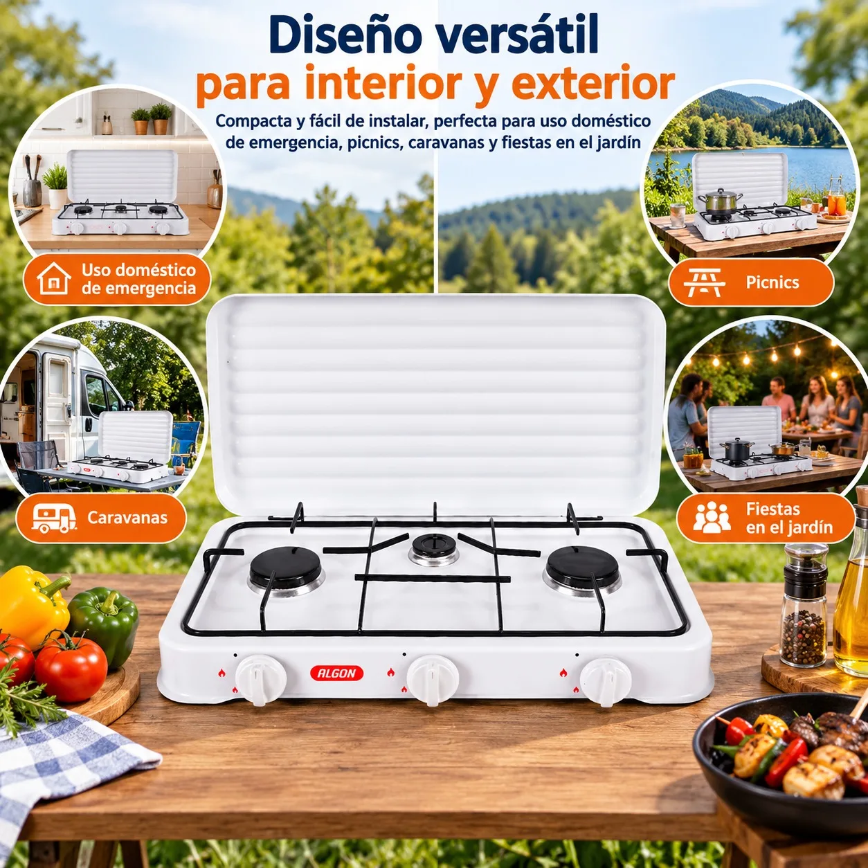 Estufa de Gas Portátil con 3 Quemadores Independientes y Tapa Protectora, Cocina de Metal Blanca para Camping, Jardín y Emergencias, Hornillo Multiusos con Rejillas de Alta Resistencia