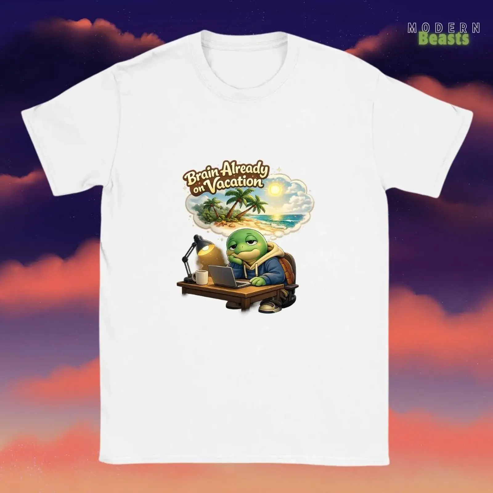 T Shirt Funny Turtle Brain Already on Vacation Work Humor Office Daydreaming Beach vintage Washed Stretched homme graphic