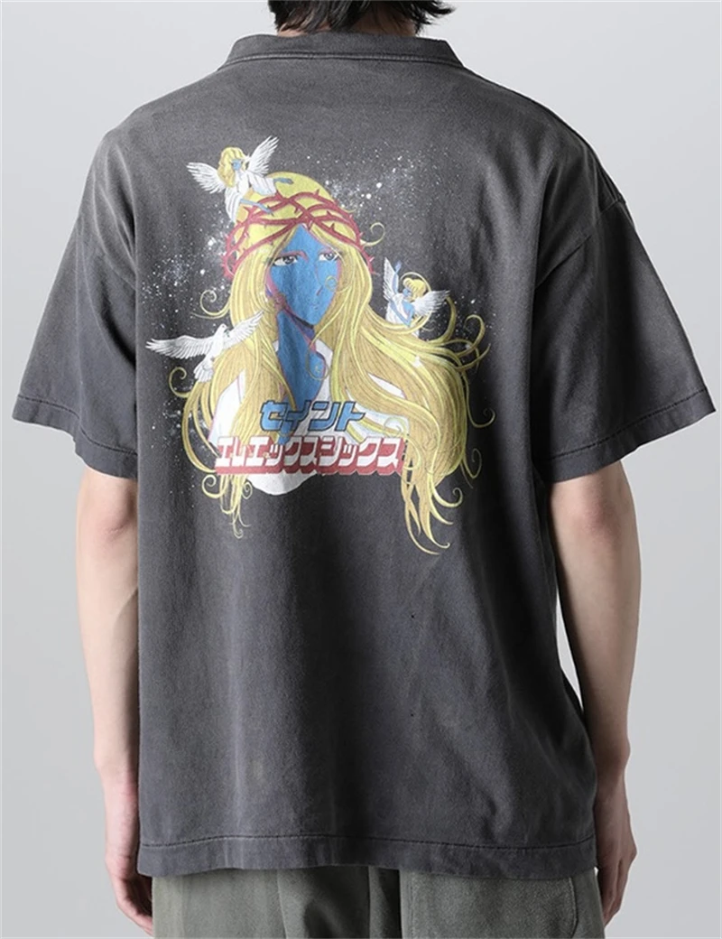 

Summer Saint Retro Trendy Portrait Print Short sleeved Oversize High Street Vintage Casual Loose Cotton Oversize T-shirt For Men