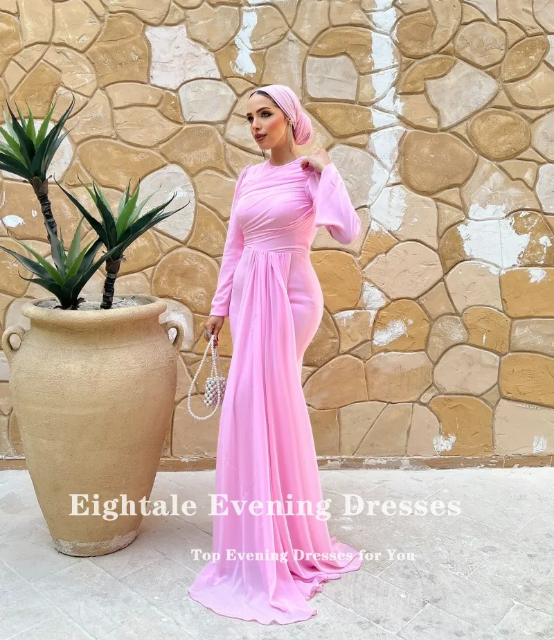 Eightale Arabisches Abendkleid mit O-Ausschnitt, maßgeschneidert, muslimisches Chiffon, lange Ärmel, Falten, Meerjungfrau, rosa Abschlussball, Hochzeit, Partykleid