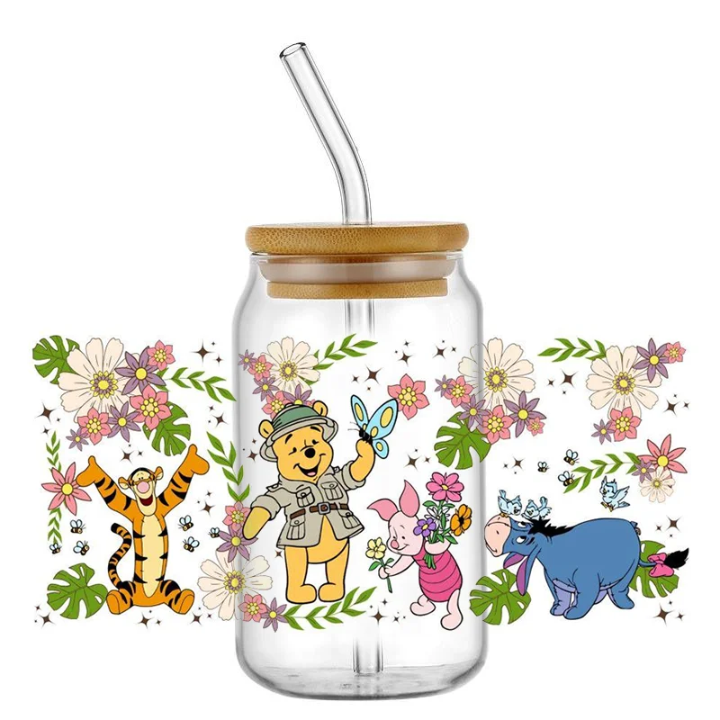 Miniso winnie bear 16oz UV DTF Cup Wrap Cartoon Transfers Libbey Wrap Tumbler DIY Logo Sticker Glass Can Selfadhesive Waterproof