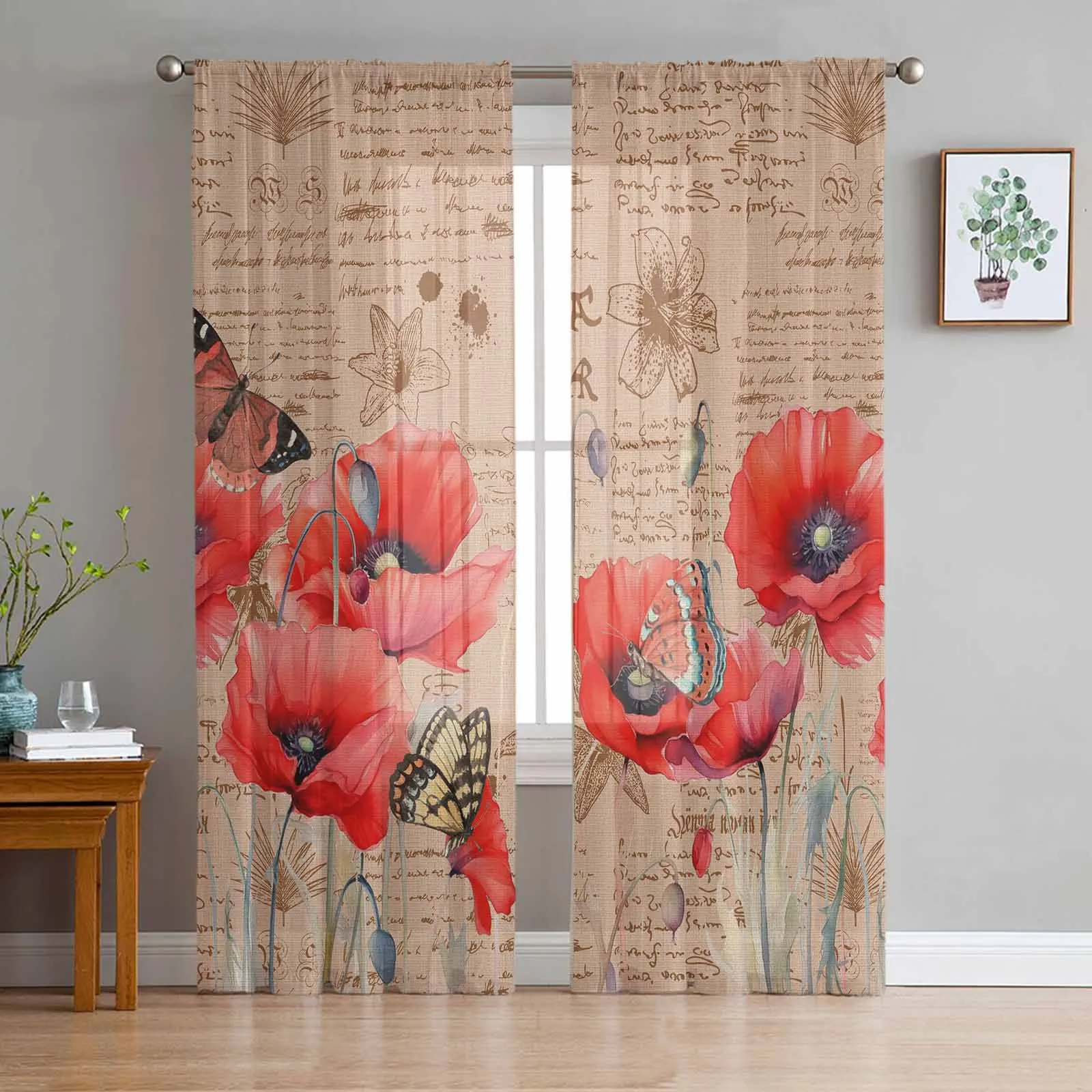 Poppy Flower Retro Butterfly Tulle Curtains for Living Room Bedroom Modern Chiffon Sheer Voile Kitchen Window Curtain