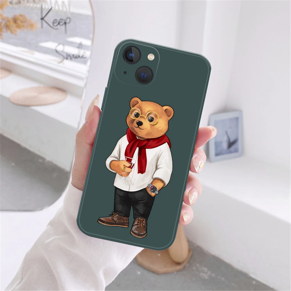 Cute Bear Fashion Brand Protective Case for IPhone 13 12 11 14 Pro Max XSMax XR X 7 14Plus dark green Silicone Soft Bumper Cover