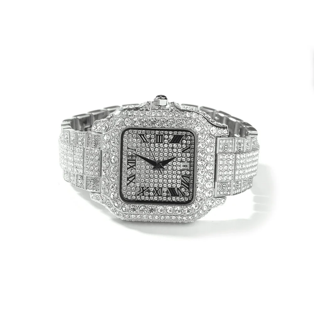 Orologi da uomo hip-hop europei e americani, moda, diamanti quadrati, orologi in scala romana, orologi con quadrante grande di fascia alta di nicchia