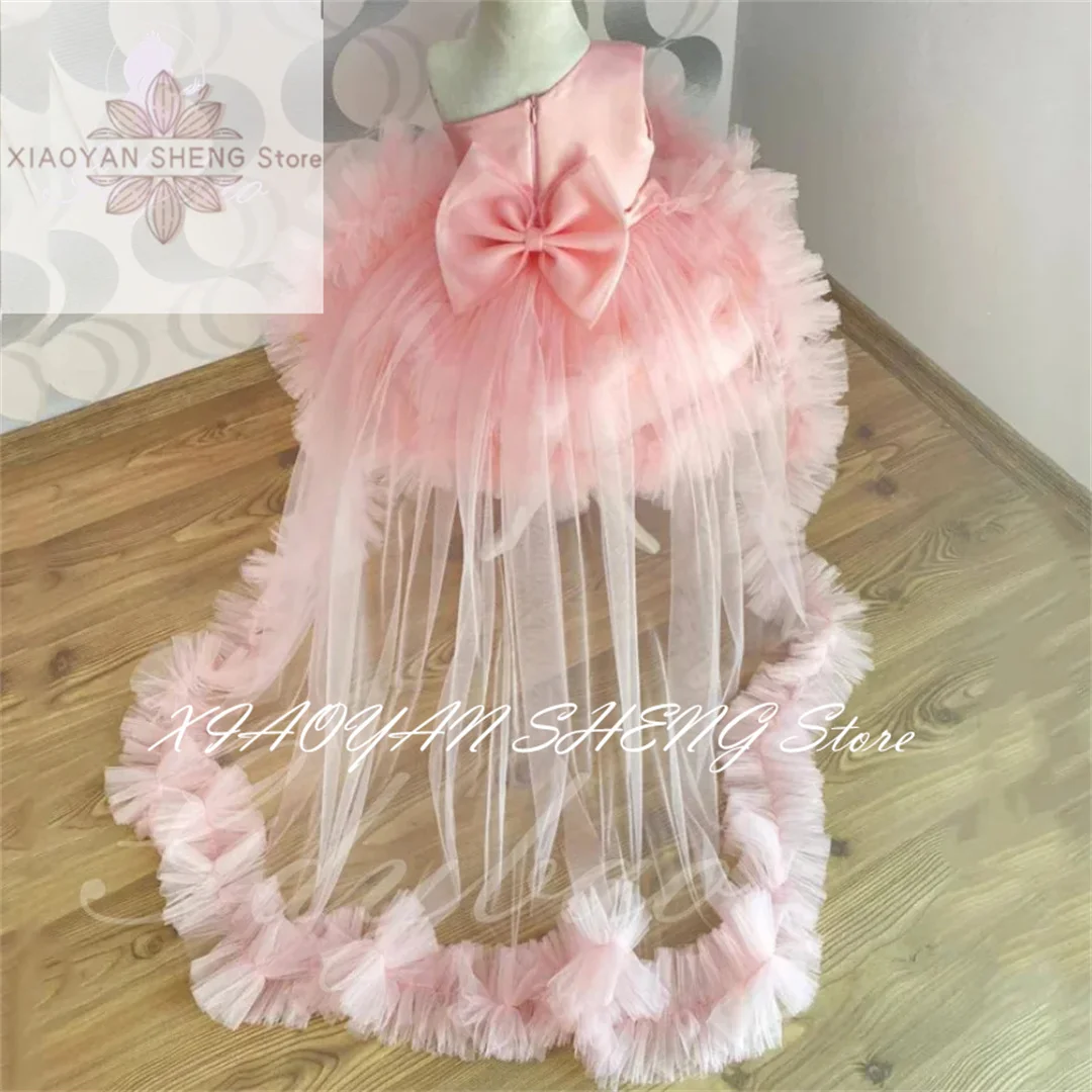 Pink Pleated Flower Girl Dress For Wedding Ruffles Tulle Puffy Knee Length With Tail Pageant Elegant Kid Birthday Ball Gown