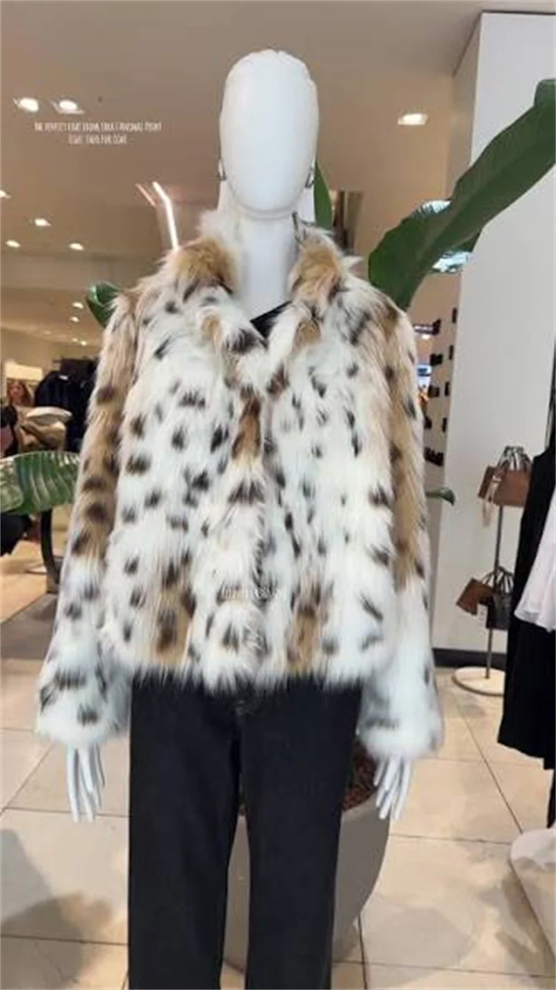 Guobioziy Women's Coat 2026 Winter New Style Fashionable Premium Stand Collar Leopard Print Eco-Friendly Faux Fur Effect Coat