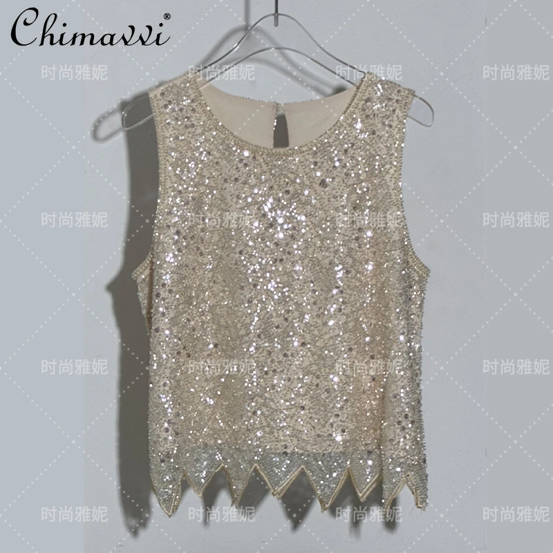 ファッションパール光沢のあるスリムスキニーベスト女性の 2025 夏服新重工業多用途スパンコールビーズサスペンダータンクトップ