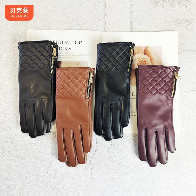 Winter Warm Sheepskin Women\'s Colorful Genuine Leather Touch Screen Fashion Zipper Velvet Lining Cold resistant Finger Gloves