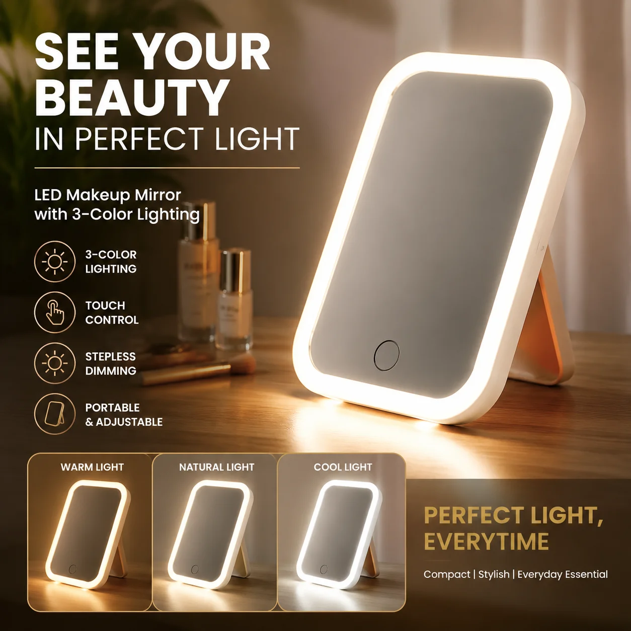 LED makeup mirror, dormitory desktop high-definition tri color light mirror, household portable folding mirror for going out