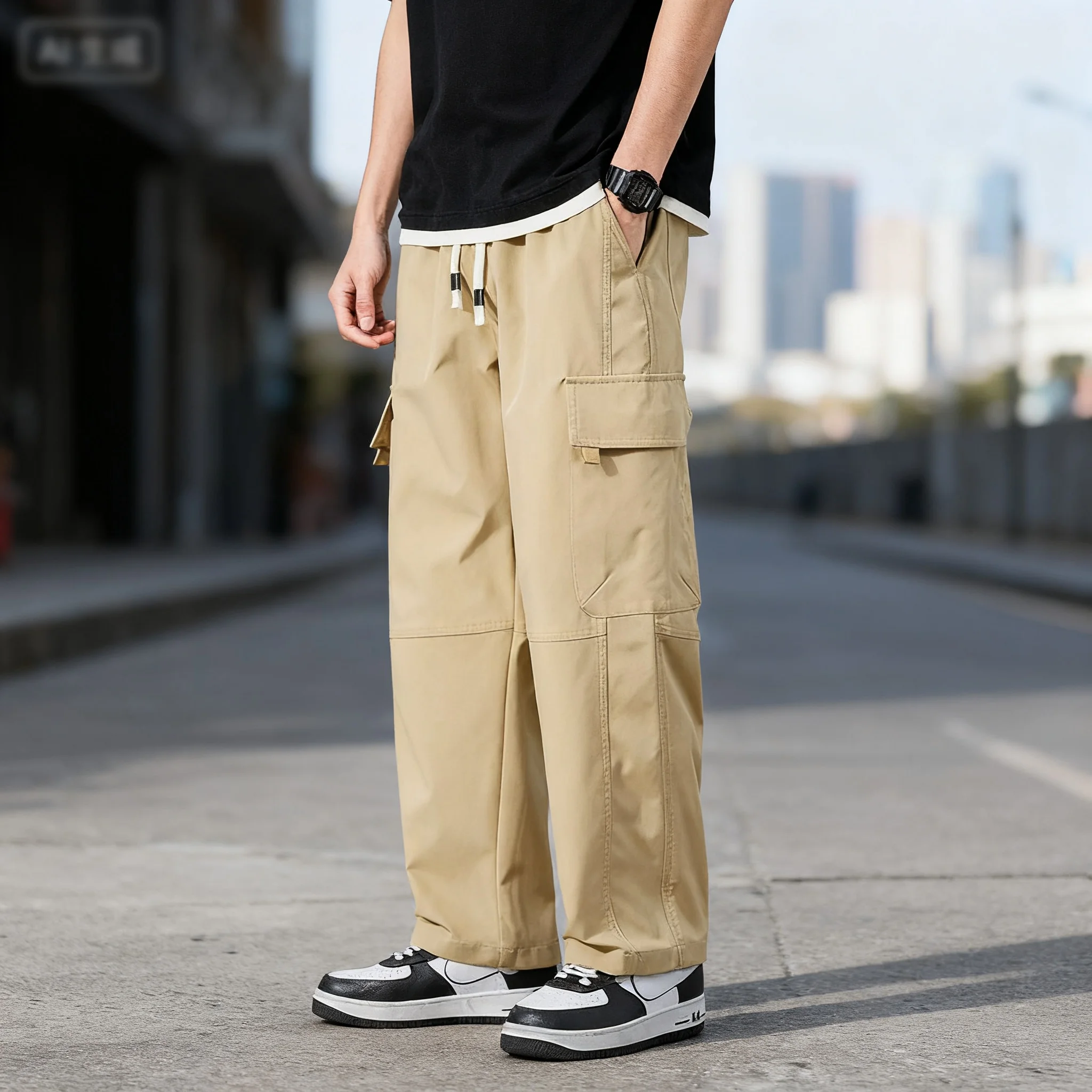 

Spring Autumn New Korean Solid Color Multi Pocket Work Clothes Casual Pants Fashionable Couple Loose Multi Functional Pants