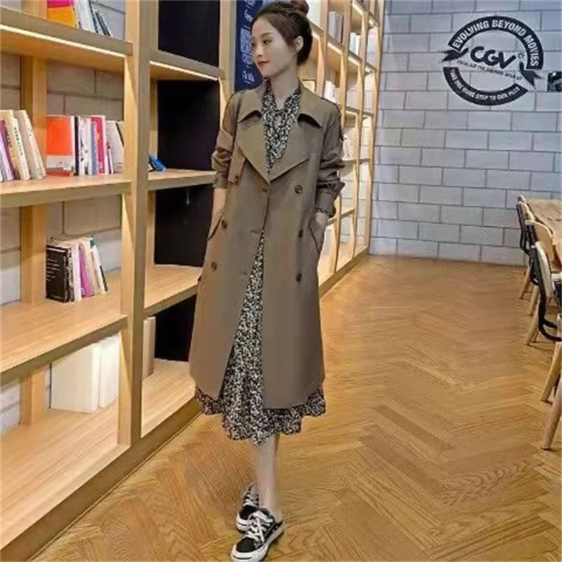 Women's trench coat in long khaki 2024 this year's popular autumn high-grade temperament slimming over the knee coat clothing