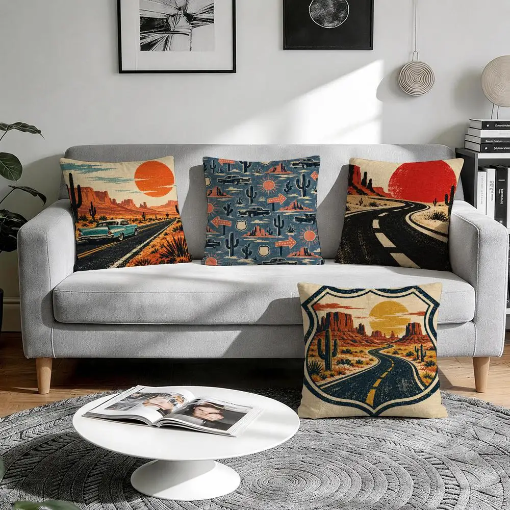 Desert Highway Cushion Cover 1/4Pcs Linen Throw Pillow Covers Double-Side Print Sofa Couch Living Room Decor